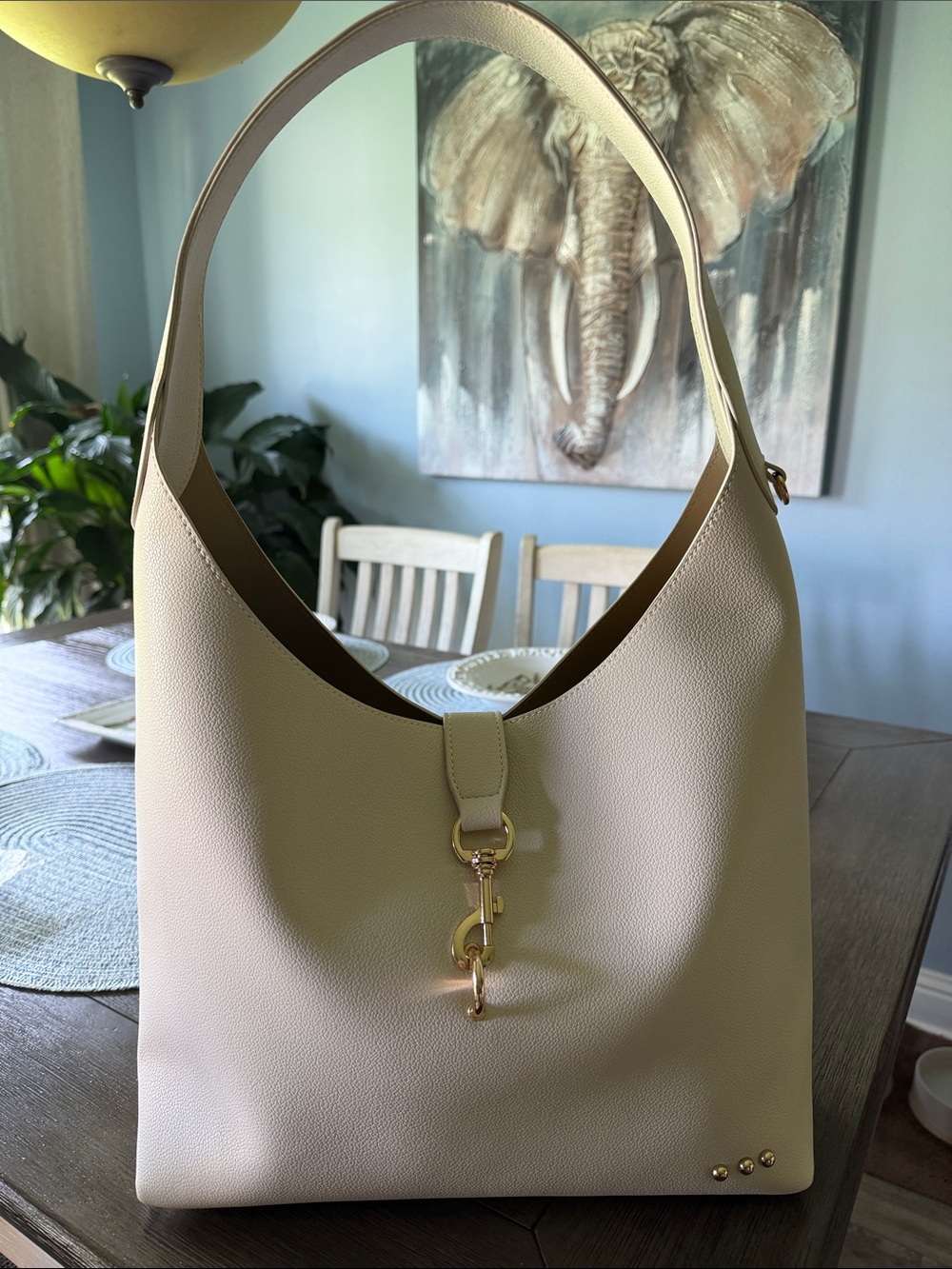 Cream Vegan Leather Shoulder Hobo with Gold Hardware